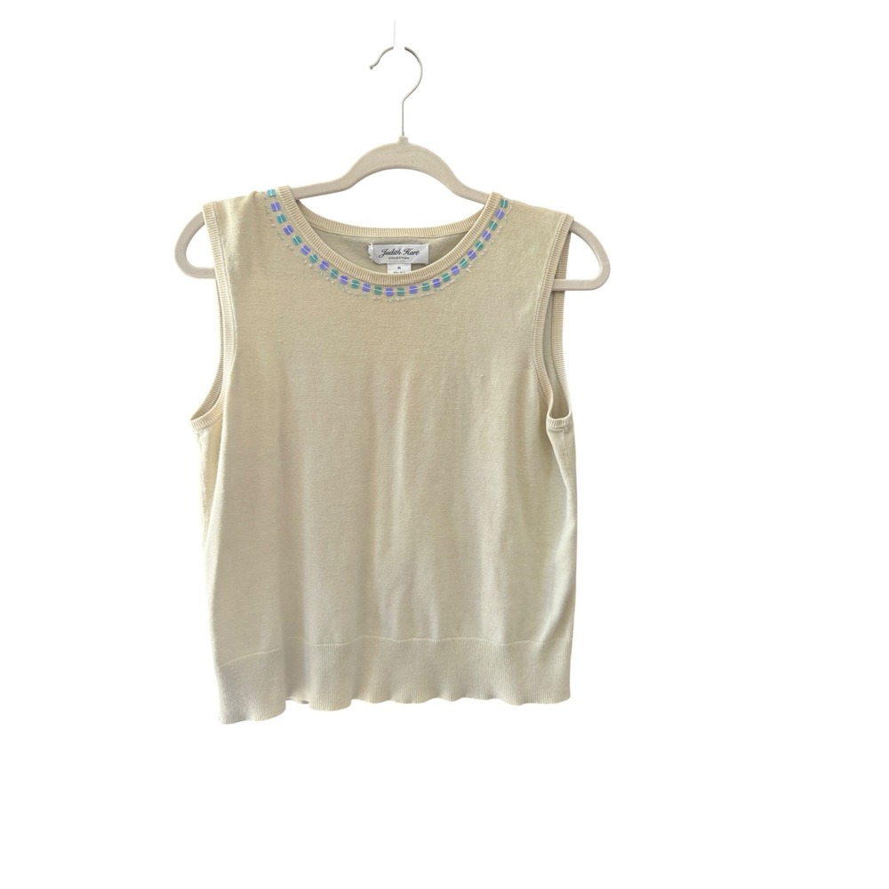Judith Hart Y2k Cream Silk Blend Beaded Sequin Sleeveless‎ Knit Shell M - Picture 2 of 7